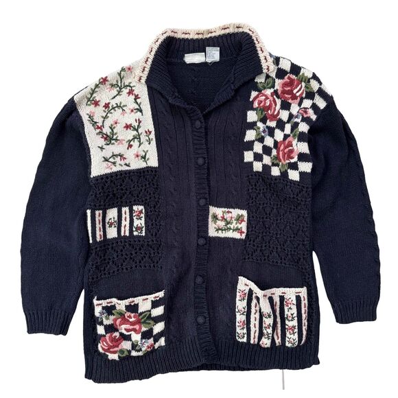Vintage 90s Chunky Handknit Floral Sweater Cardigan Size L Womens - Picture 1 of 7